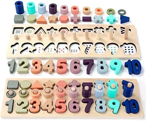 BEKILOLE Wooden Number Puzzle for Toddler Activities - Montessori Toys for Toddlers Shape Sorting Co | Amazon (US)