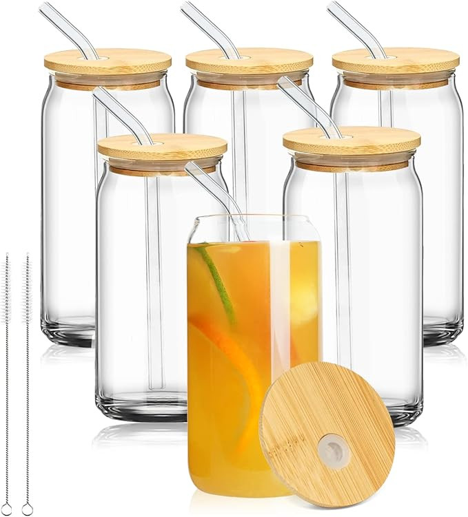LMHEJING 6 Pieces 16oz Beer Can Glass with Lids and Straw, Can Shaped Glass Cups Glass Cups Beer ... | Amazon (US)