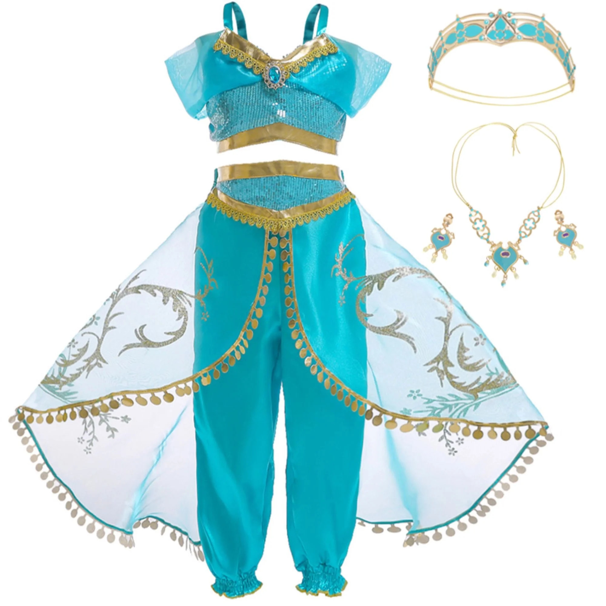 Jurebecia Jasmine Princess Costume for Girls Sequined Halloween Dress up Blue with Accessories 12... | Walmart (US)