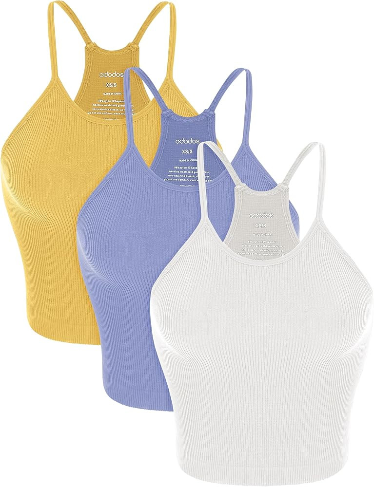 ODODOS Women's Crop 3-Pack Washed Seamless Rib-Knit Camisole Crop Tank Tops | Amazon (US)