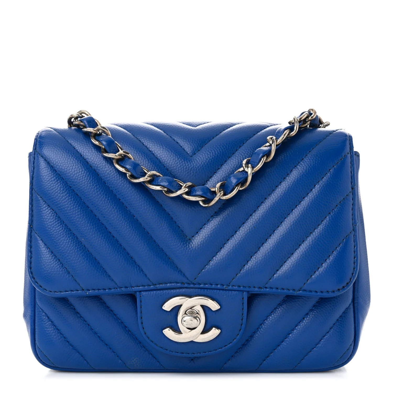 Caviar Chevron Quilted Mini Square Flap Blue | FASHIONPHILE (US)
