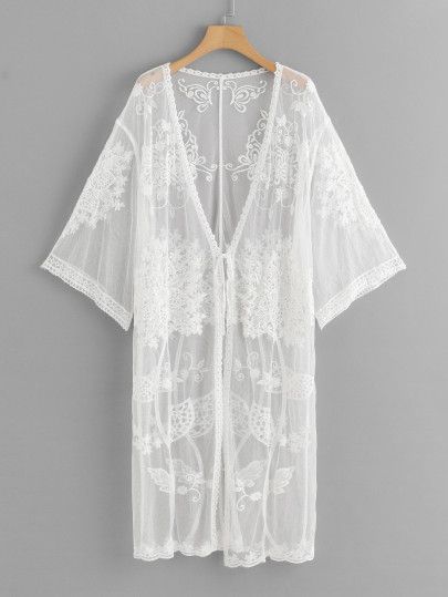 Lace Floral Embroidery Sheer Mesh Panel Kimono | SHEIN