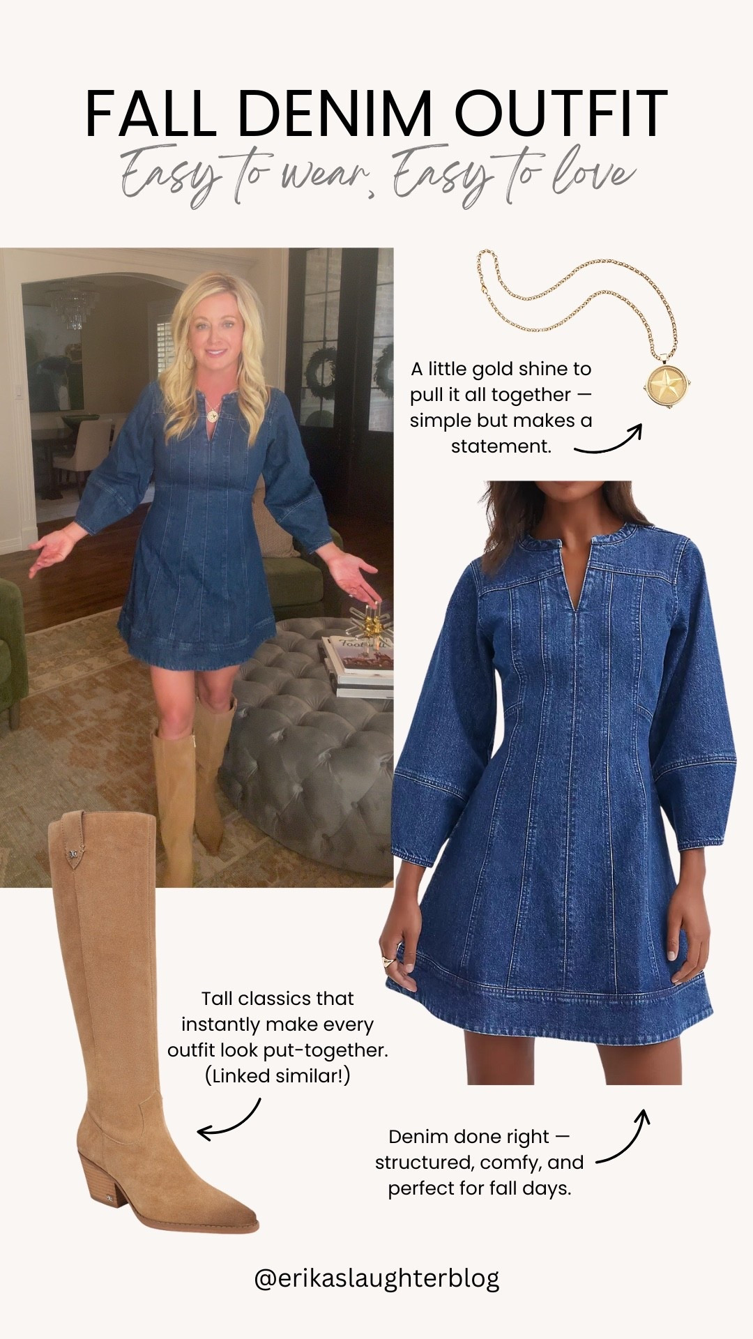 Denim + boots = my fall uniform. Love this easy, timeless combo for weekends, brunch, or game day. The original boots are sold out, but I linked a few similar pairs that give the same classic look!

#falloutfit #denimdress #fallstyle #ltkfashion #ltkfall #falloutfitideas #falllook #ootdfall #classicstyle #timelessfashion #getthislook #ltkchic #fallvibes #outfitinspo



#LTKStyleTip #LTKSeasonal #LTKShoeCrush