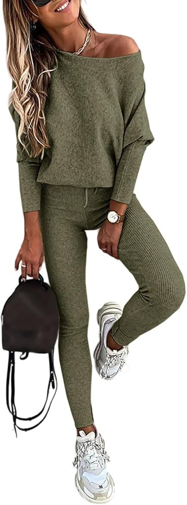 CHICME 2 Piece Lounge Outfit Long Sleeve Knit Pullover Tops Drawstring Pants Set Tracksuit Sweats... | Amazon (US)