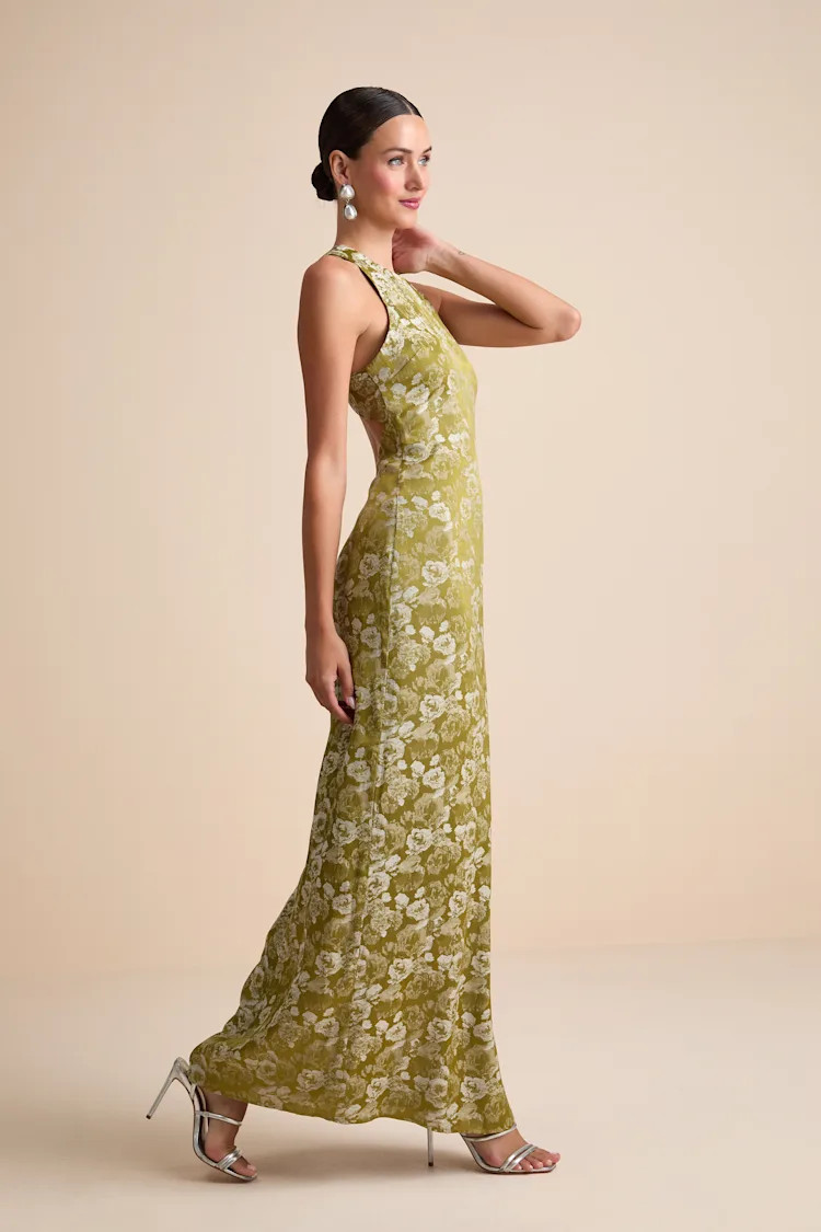 Lamila Chartreuse Floral Satin Column Maxi Dress | Lulus