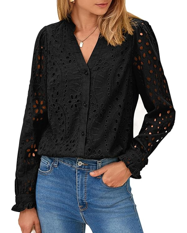 PRETTYGARDEN Women's Eyelet Tops 2025 Spring Dressy Casual Blouses Lace Long Sleeve Button V Neck... | Amazon (US)