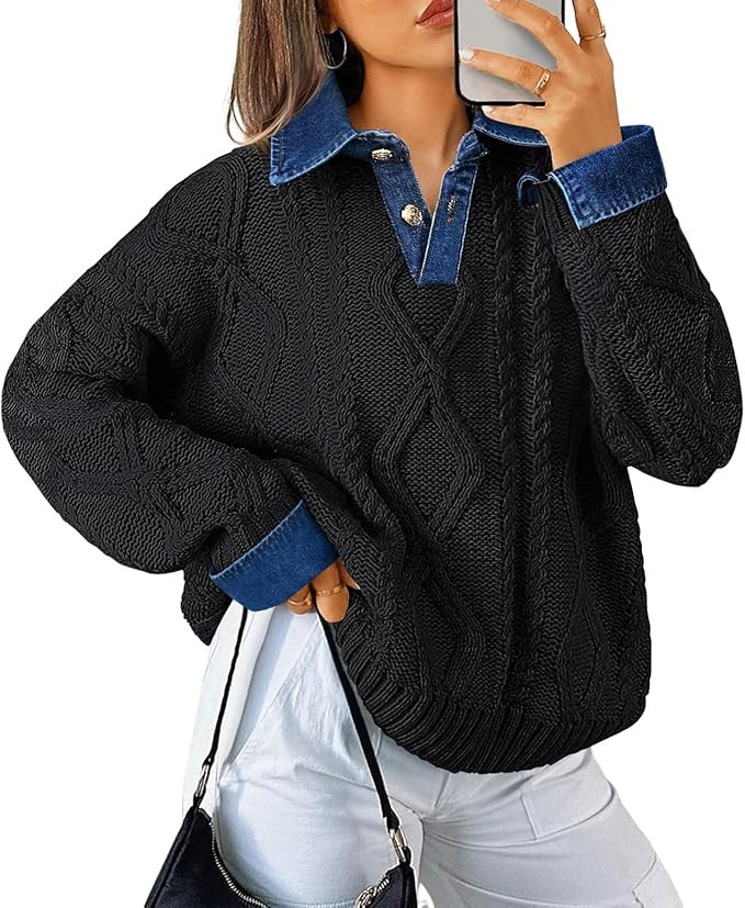 Soesdemo Womens Oversized Cable Knit Sweaters Chunky Long Sleeve Button Up Denim Polo Neck Knit P... | Amazon (US)