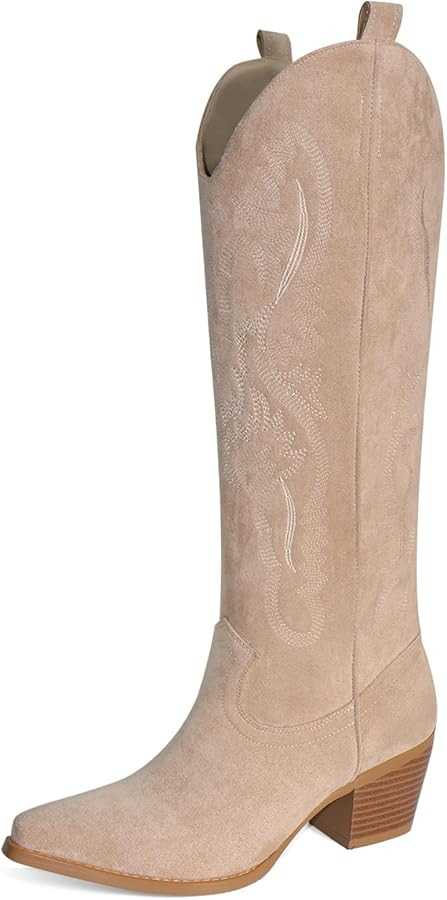 UBWDU Suede Cowboy Knee High Boots Women Pointed Toe Chunky Heel Embroidered Western Cowgirl Boot... | Amazon (US)
