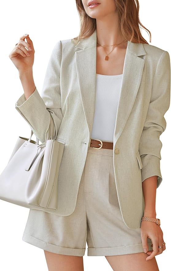 Arach&Cloz Women's Linen Blend Notched Lapel Open Front Blazers Work Business Casual Outfits 2026 | Amazon (US)