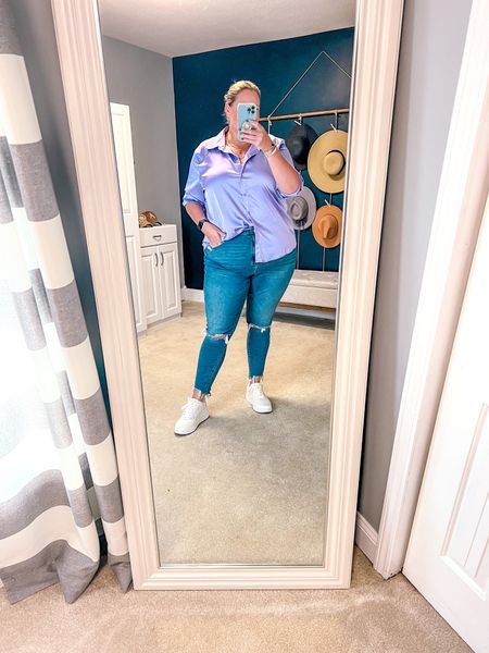 Plus size skinny jeans and satin button up shirt. 

I have this satin shirt in 3 color (lilac, hot pink, hunter green) and it’s so good and under $20! I styled with my Abercrombie skinny ankle jeans and platform sneakers. The sneakers look like a much more expensive pair and are so comfortable. 

Plus size outfit idea | size 18 | size 20 | ankle jeans | skinny jeans | psootd | plus size satin shirt | affordable fashion 

#LTKover40 #LTKfindsunder50 #LTKplussize