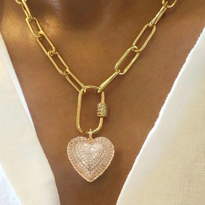 2024 Luxury New Gold Color Punk Chain Choker  Spiral Buckle Pave Crystal Stone Rhinestone Heart P... | SHEIN