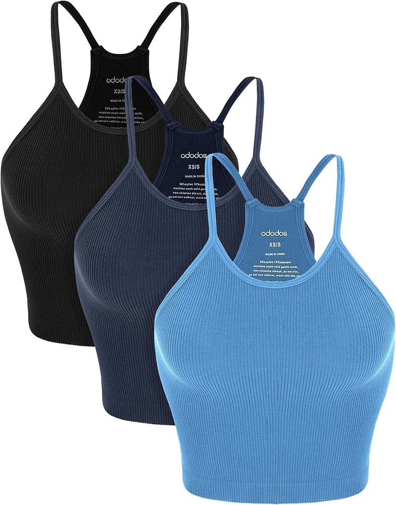 ODODOS Women's Crop 3-Pack Washed Seamless Rib-Knit Camisole Crop Tank Tops | Amazon (US)