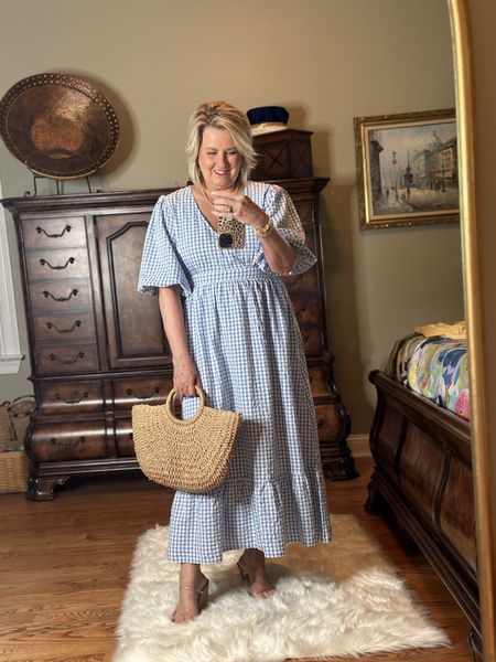 This blue and white gingham is a fun Summer find from Amazon! I am wearing a large in the dress. Paired it with the same nude and clear heels and a straw handbag.

#LTKwedding #LTKFind #LTKstyletip