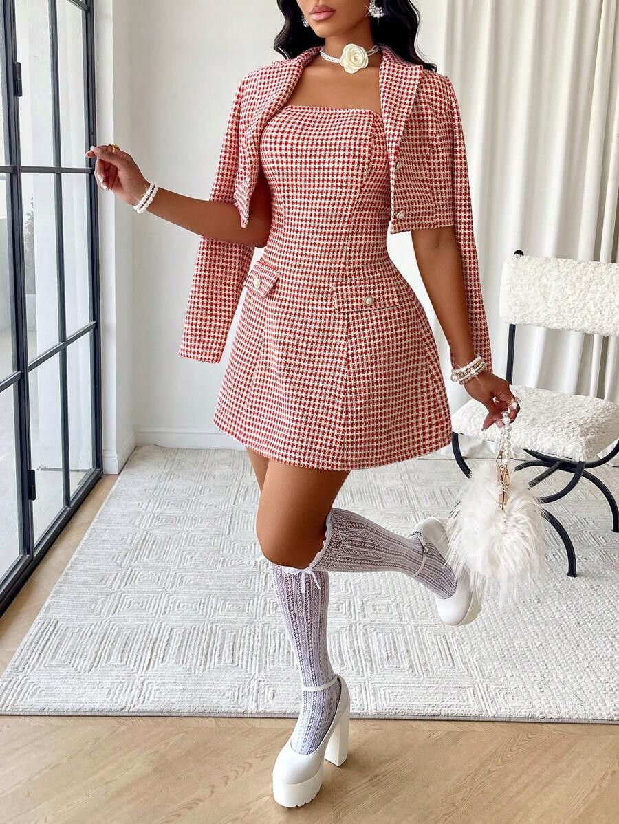 Women's Plaid Tweed A-Line Autumn And Winter  Tube Dress & Crop Jacket Set Two Piece For Dating | SHEIN