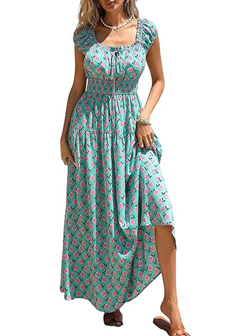 PRETTYGARDEN Women's Boho Maxi Dress Summer Cap Sleeve Long Flowy Beach Vacation Floral Sundresse... | Walmart (US)