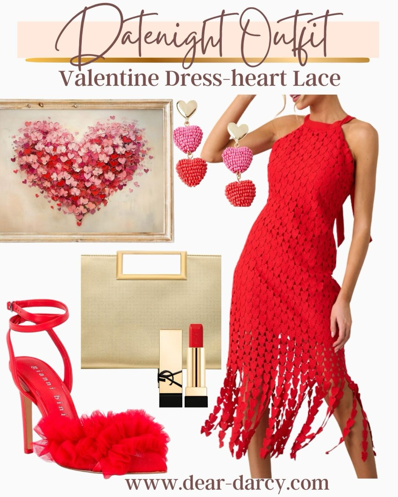 The heart lace dress is so good!

I predict it will sell out fast

Cute red heels with ankle strap and on sale 

Amazon find god clutch 

Ysl lip 

Fun heart and pink earrings 

Heart print for wall 


#LTKShoeCrush #LTKSaleAlert #LTKStyleTip