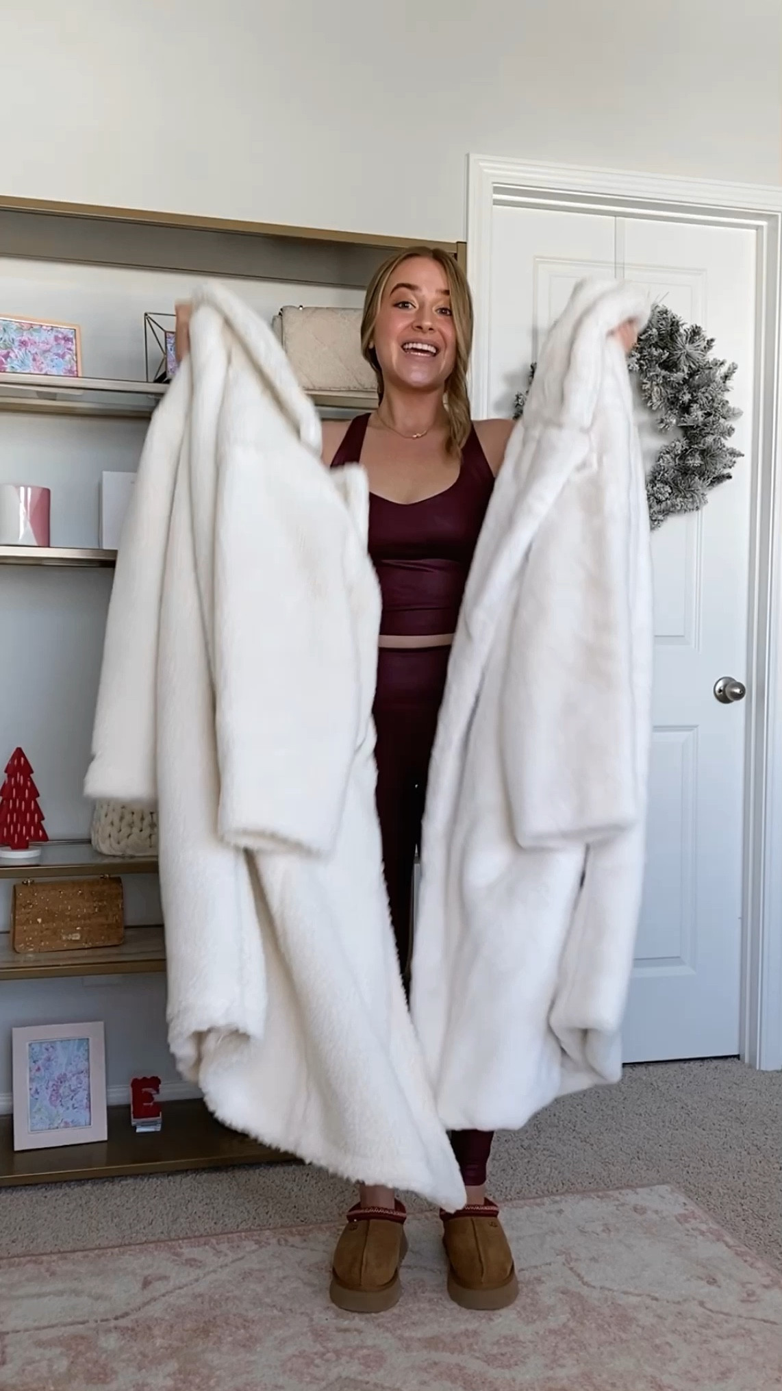 Faux fur coat. White coat. Long coat. 

Sizing: Fabletics TTS 
Alo: runs big, size down

#LTKfindsunder100 #LTKVideo #LTKSeasonal