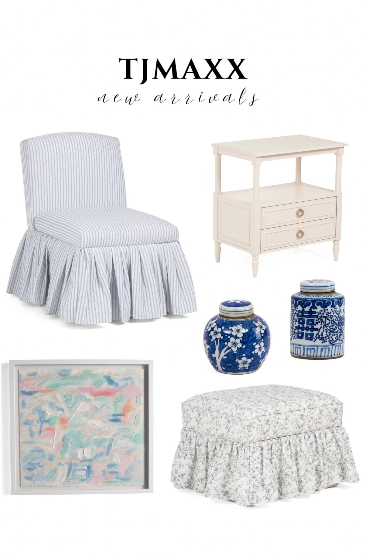 Tjmaxx and Marshalls home new arrivals 💙 Lillian August, ruffle skirted chair, nightstand abstract art chinoiserie ruffle ottoman traditional home grand millennial coastal timeless classic decor blue and white