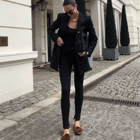 Black double breasted tuxedo blazer jacket, skims black vest top, wardrobe nyc zip leggings, Hermes Herbag, velvet espadrilles slippers, tortoiseshell aviator sunglasses 

#LTKstyletip #LTKitbag #LTKeurope