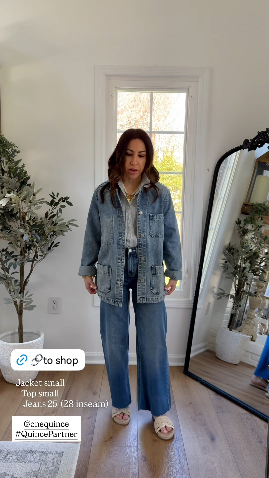 Wide leg Jeans 25 (28 inseam). Small linen, button-down shirt.  Denim jacket, small. @onequince #QuincePartner @Quince 

#LTKPetite #LTKOver40