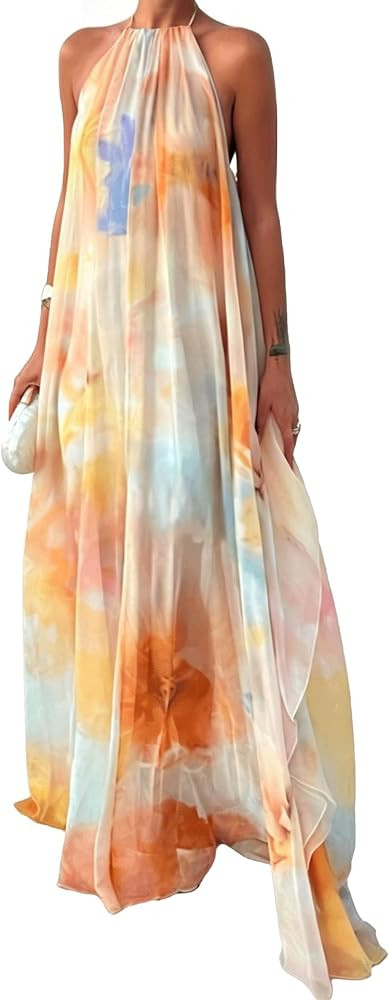 Women\u2019S Neck Tie-Dye Maxi Dress Sleeveless Chiffon Casual Vacation Dresses | Amazon (US)
