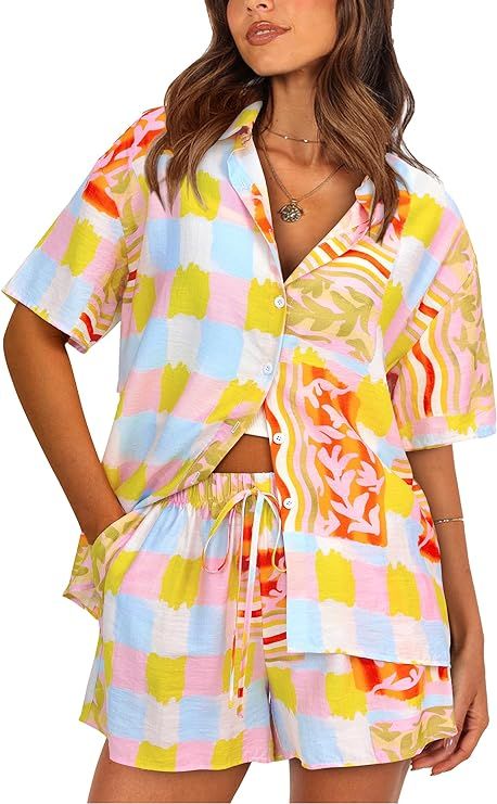 PRETTYGARDEN Womens 2 Piece Summer Beach Outfits Printed Short Sleeve Tops Lounge Shorts Casual T... | Amazon (US)