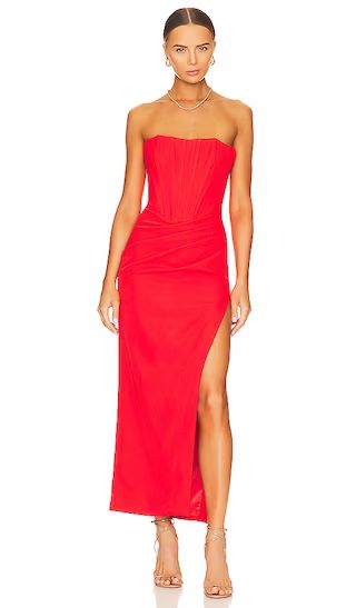 Saira Midi Dress in Orange Sorbet Red Midi Dress Red Strapless Dress Midi Wedding Guest Dress Midi | Revolve Clothing (Global)