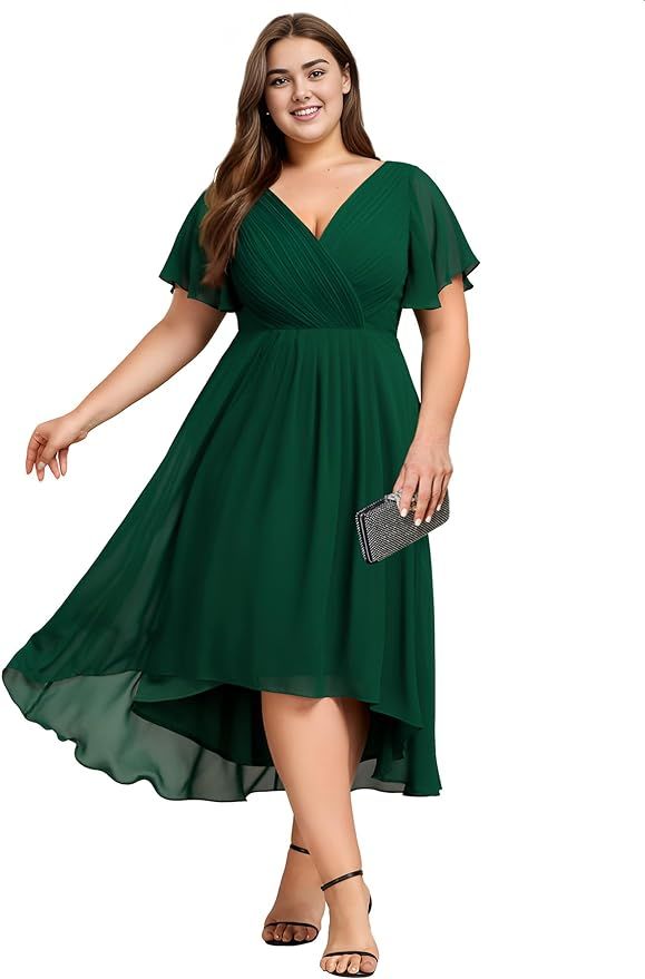 Ever-Pretty Women's A Line Ruched V Neck Short Sleeves Knee Length Plus Size Wedding Guest Dress ... | Amazon (US)