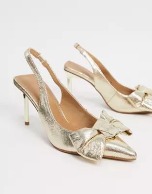 ASOS DESIGN Soul bow slingback mid heels in gold | ASOS (Global)