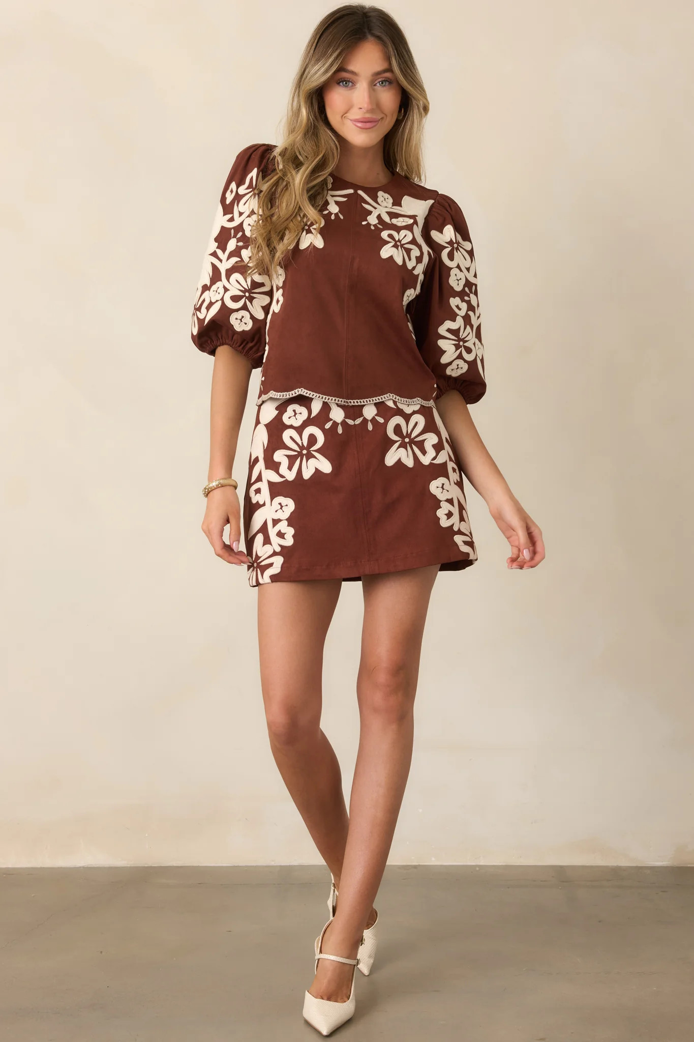 You Know Me So Well Brown & Ivory Floral Appliqu\u00e9 Faux Suede Mini Skirt | Red Dress