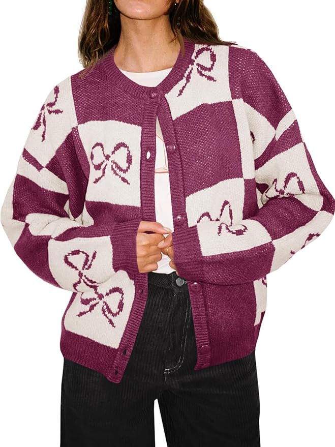 Saodimallsu Womens Color Block Cardigan Sweaters Bow Plaid Button Down Long Sleeve Open Front Kni... | Amazon (US)