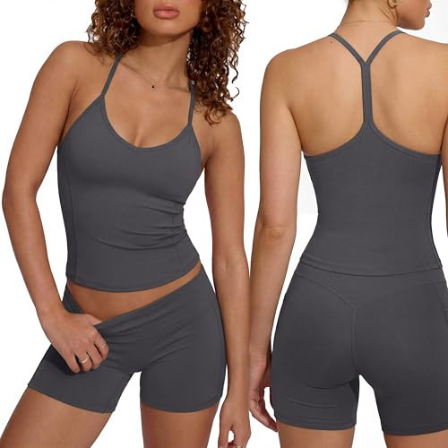 SUUKSESS Women Sexy Racerback 2 Piece Workout Sets V Neck Y Back Padded Sports Bra High Waisted Shorts with Pockets(Dark Grey,L) | Amazon (US)