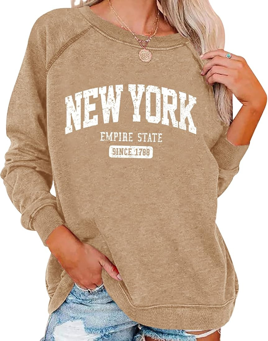 Vdnerjg Women's New York Letter Print Sweatshirt Crewneck Long Sleeve Casual Loose Fit Pullover S... | Amazon (US)
