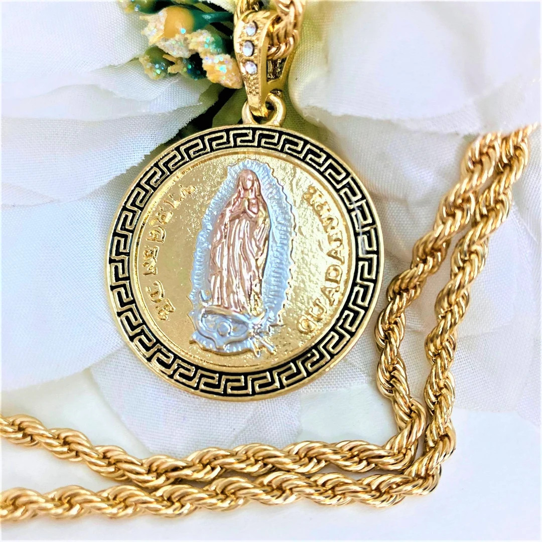 Gold Plated Virgin Mary Medal Pendant Necklace Virgen Guadalupe Medalla Con Cadena Rope 24 Neckla... | Etsy (US)
