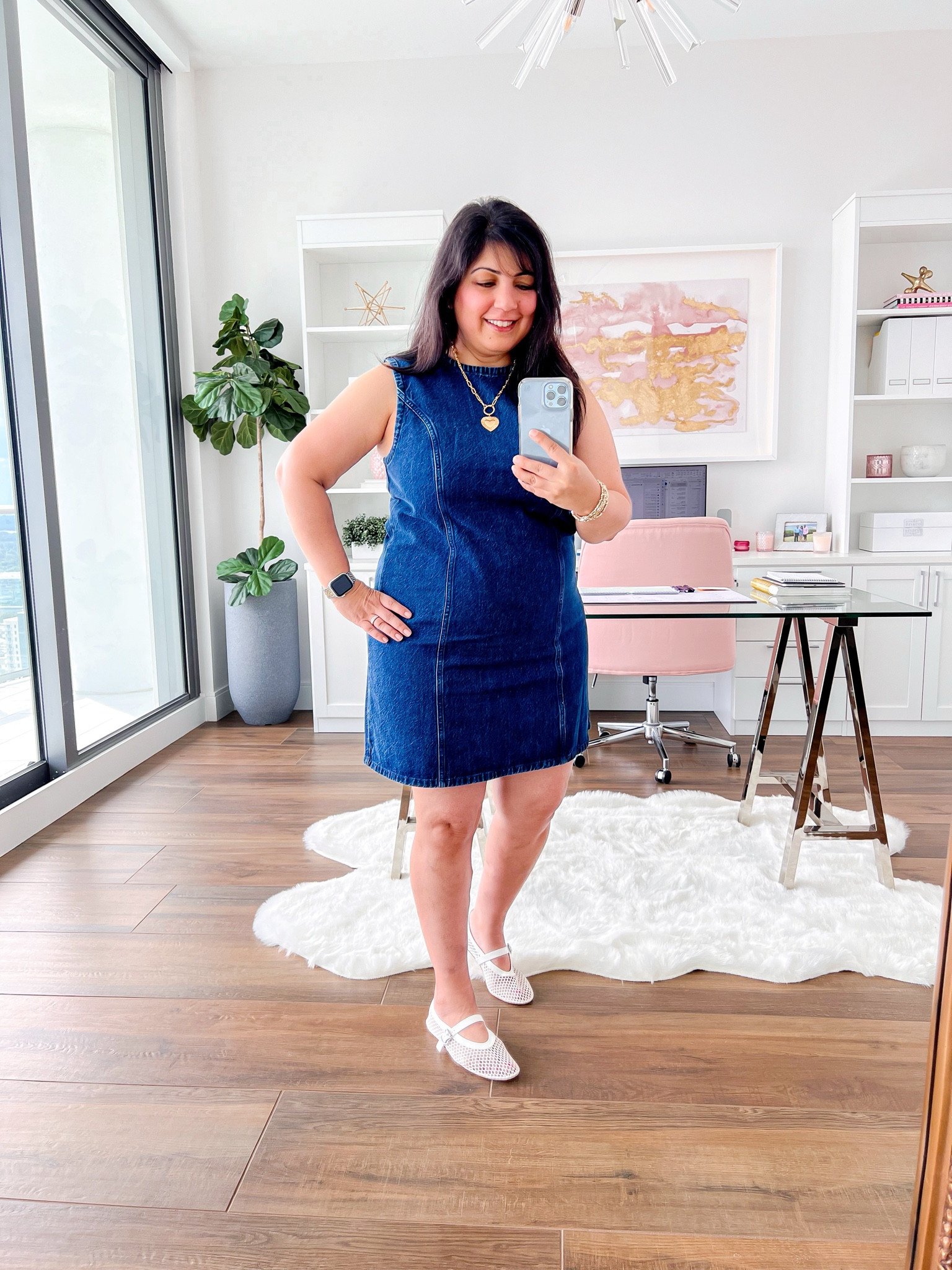 LTK Fall Sale! 20% off sitewide at Abercrombie with exclusive in-app code! Copy promo code below and paste at checkout. Love this denim dress for transitioning from summer into fall. Perfect for warmer days now and would be great with a cardigan on top for a cute fall outfit. Wearing it here in size large. Amazon mesh ballet flat shoes. Brinker + Eliza necklace. 

#LTKOver40 #LTKMidsize #LTKFallSale