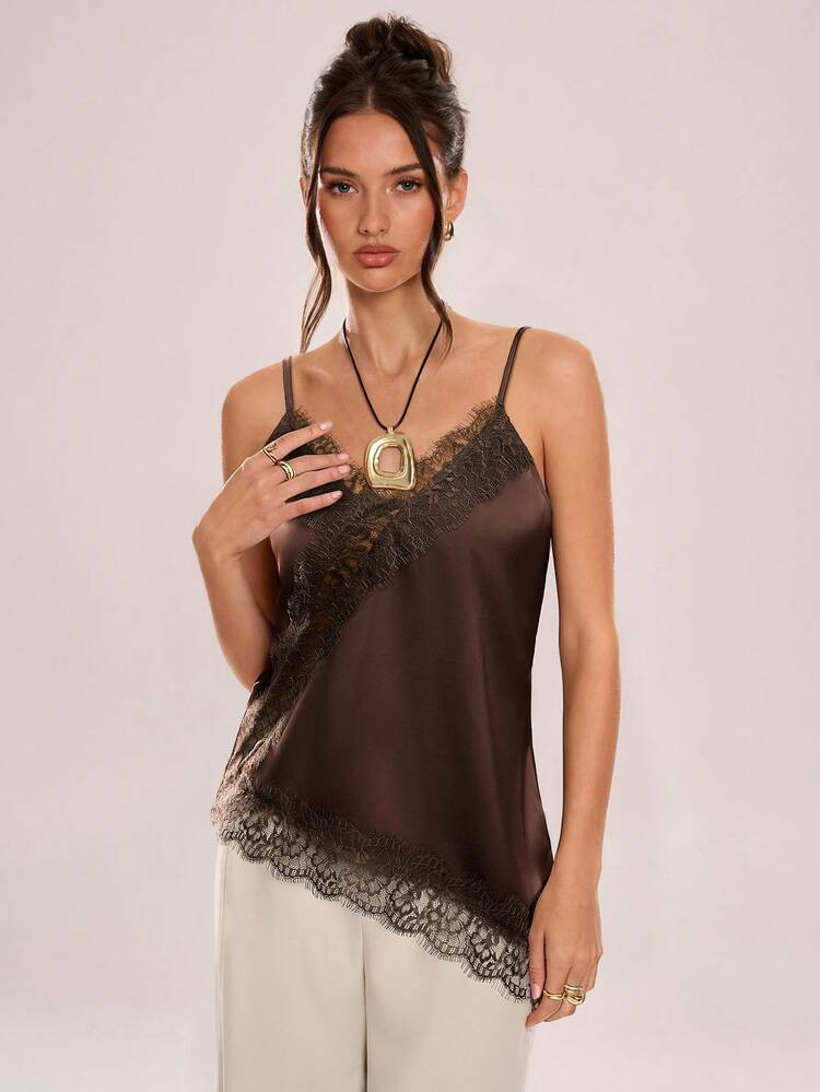 Avenya Lace Criss-Cross Asymmetric Hem Camisole Top,Sexy Backless Trimmed Exquisite Straps, Women's 2026 New Kendall Style Chest Patchwork Elegant Cami Top On The Chest Suitable For Spring And Autumn Interior Wear,Brown,Office Siren, Sexy Goddess, Office, New Year's Clothing,Valentine's Day | SHEIN