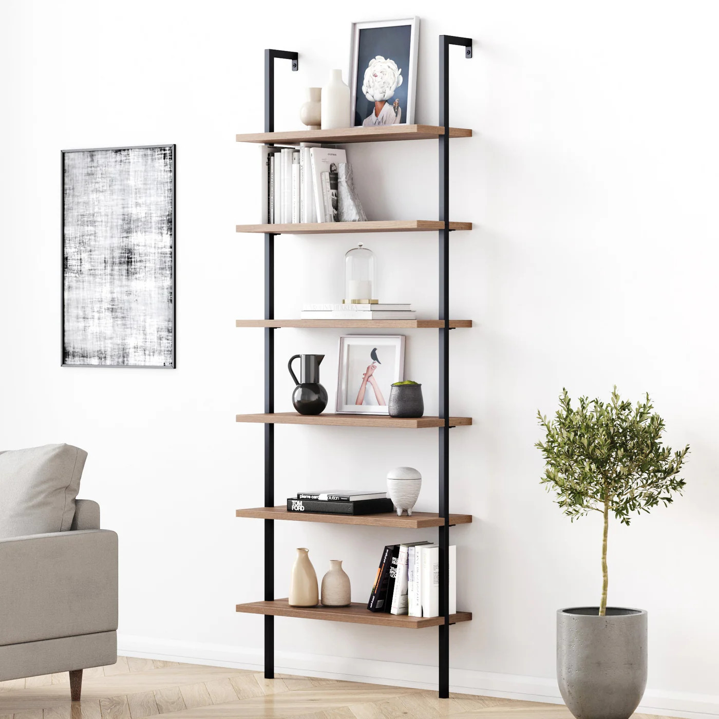 6-Shelf Ladder Bookshelf Oak Matte Black | Nathan James