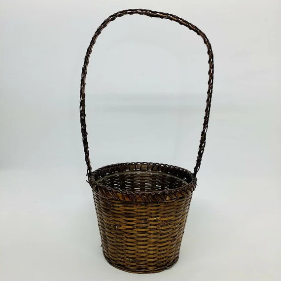 Vintage Woven Wicker Lined Basket With Liner Long Handle 22" H 8”H 9.5” W | Etsy (US)