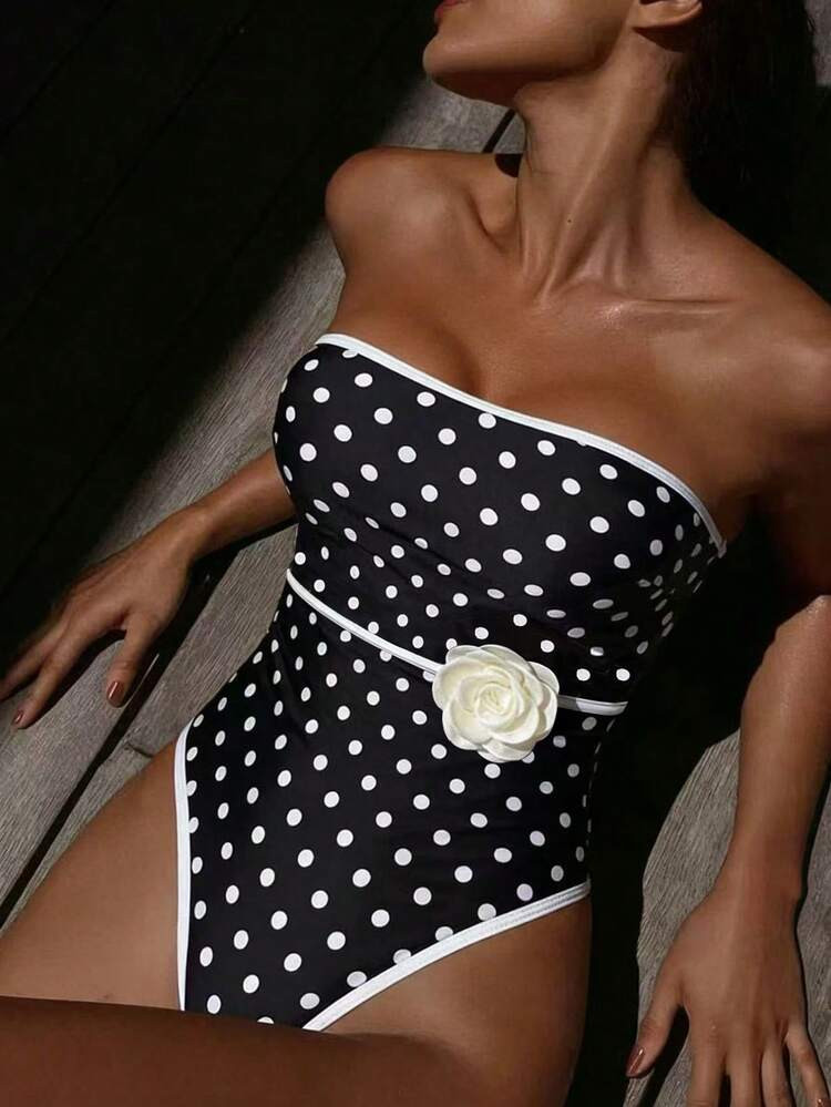 Swim Chiccia Women's Detachable Strap Polka Dot Printed One-Piece Swimsuit, Elegant Minimalist Design, Comfortable, Floral Decor, Suitable For Party, Summer Vacation And Swimming | | SHEIN