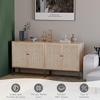 Yechen Storage Cabinet with 2 Handmade Natural Rattan Doors, Console Table Sideboard Buffet Cabin... | Amazon (US)