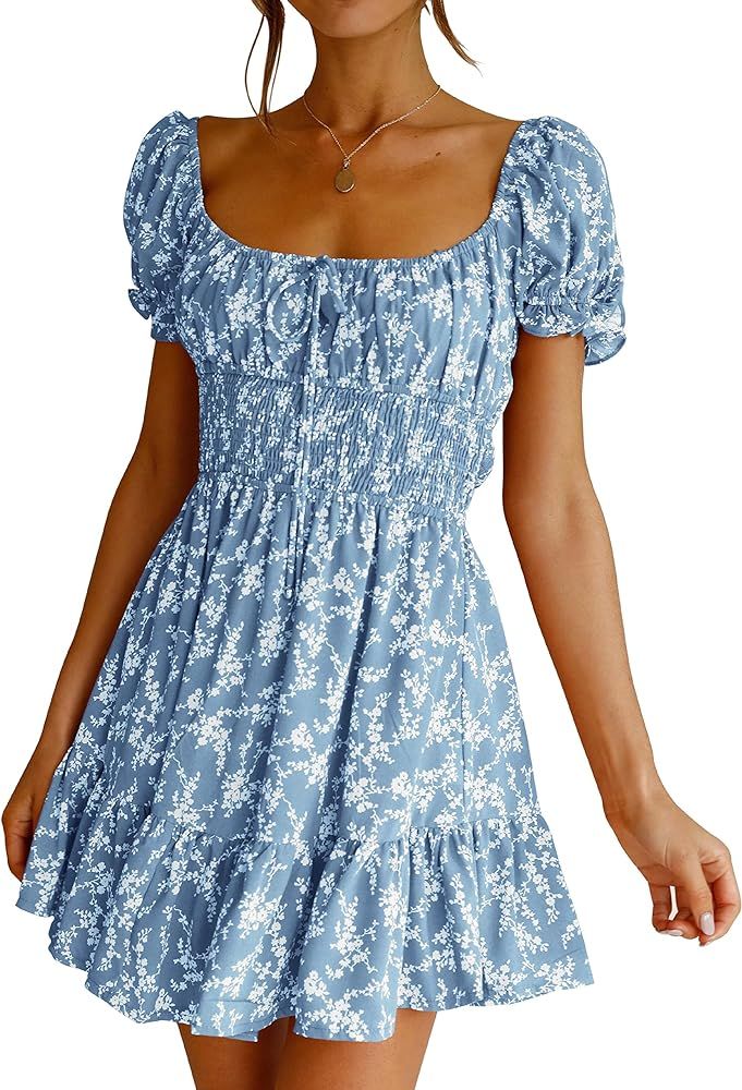 Imily Bela Womens Summer Dress Ruffle Sleeve Sqaure Neck Smocked Sun Dress Casual Boho Beach Flor... | Amazon (US)