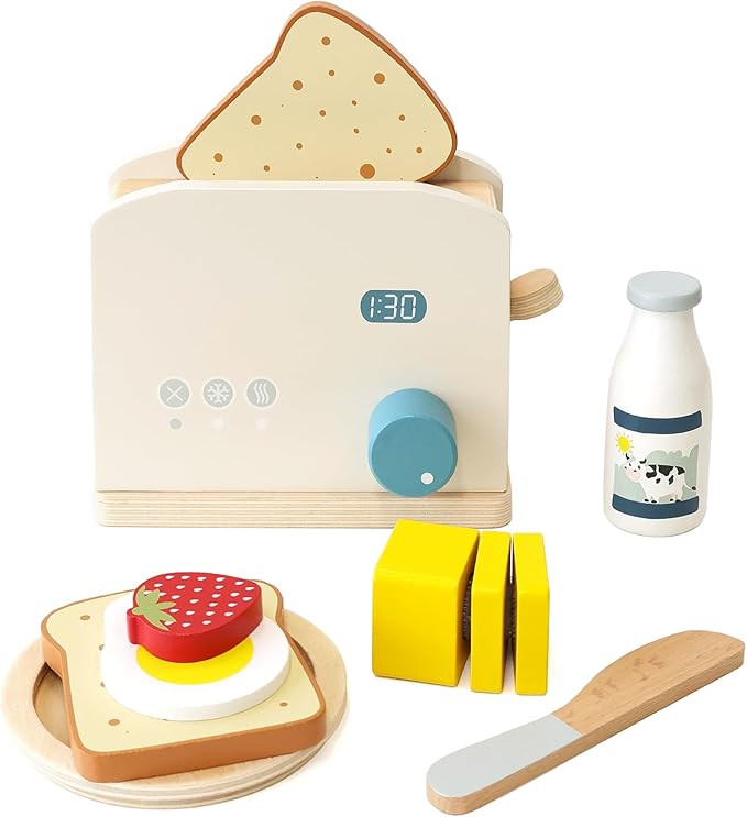 PairPear Pop up Toaster Play Kitchen Playset - Wooden Toy Food 11 Accessories for Kids | Amazon (US)