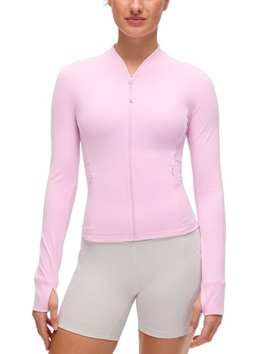 CRZ YOGA Butterluxe V-Neck Jackets for Women - Full Zip Athletic Track Tops with Thumb Holes Pockets Vita Pink Medium | Amazon (US)