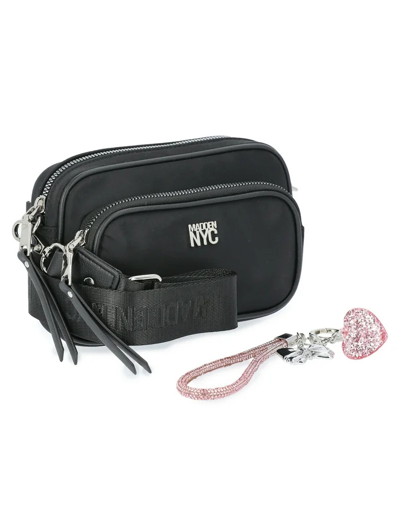 Madden NYC Women's Nylon Camera Handbag with Charm Keychain, Black Nylon | Walmart (US)