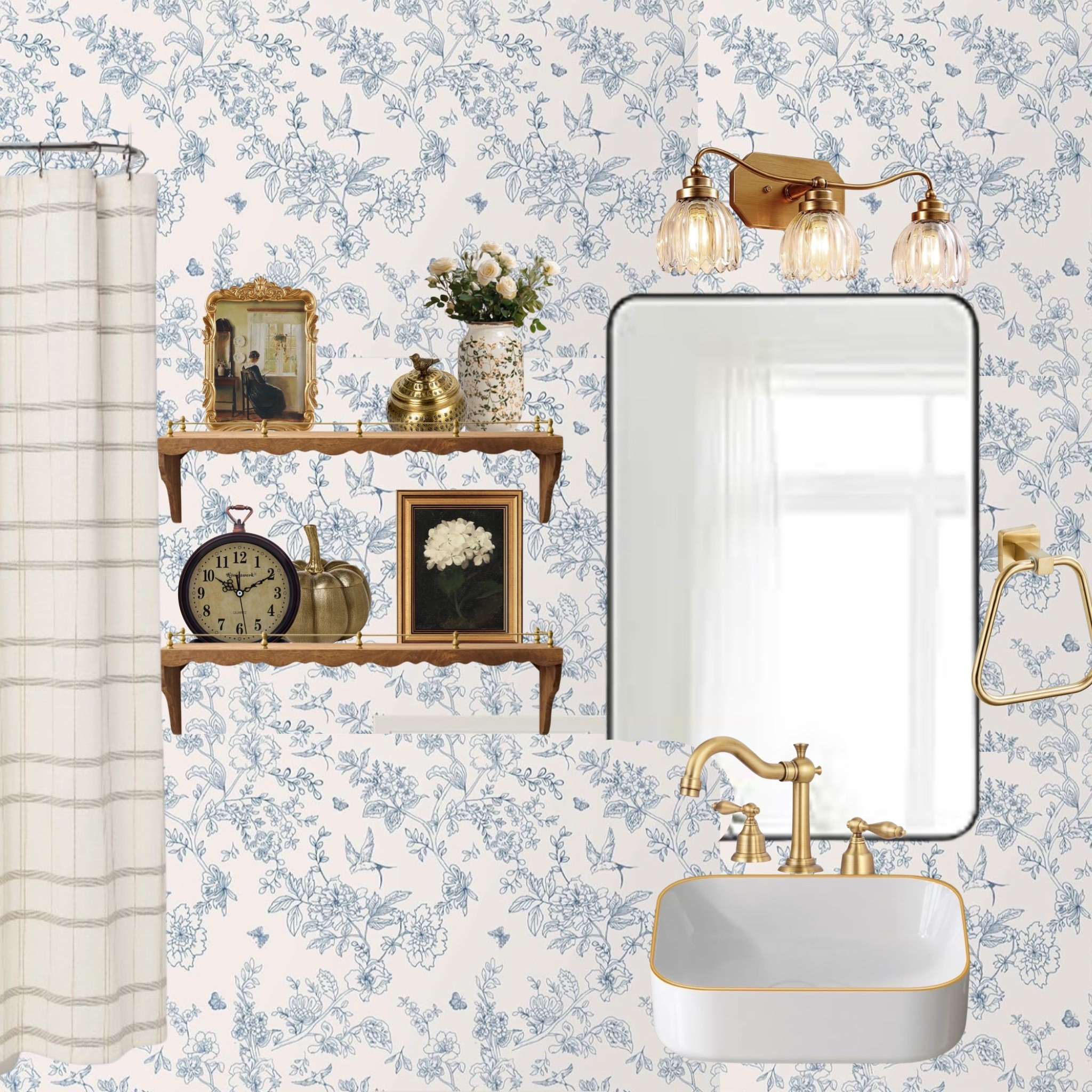 Playing with patterns and brass details for this cottage-inspired bathroom mood-board. I’ve linked everything so you can recreate the look!

#LTKFindsUnder50 #LTKHome #LTKFindsUnder100