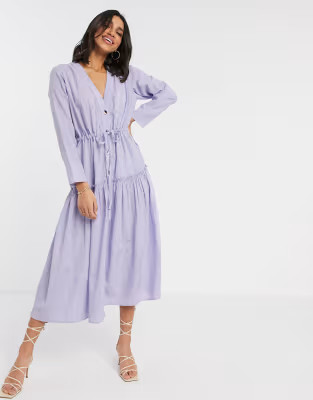 ASOS DESIGN textured button through maxi dress in lilac | ASOS (Global)