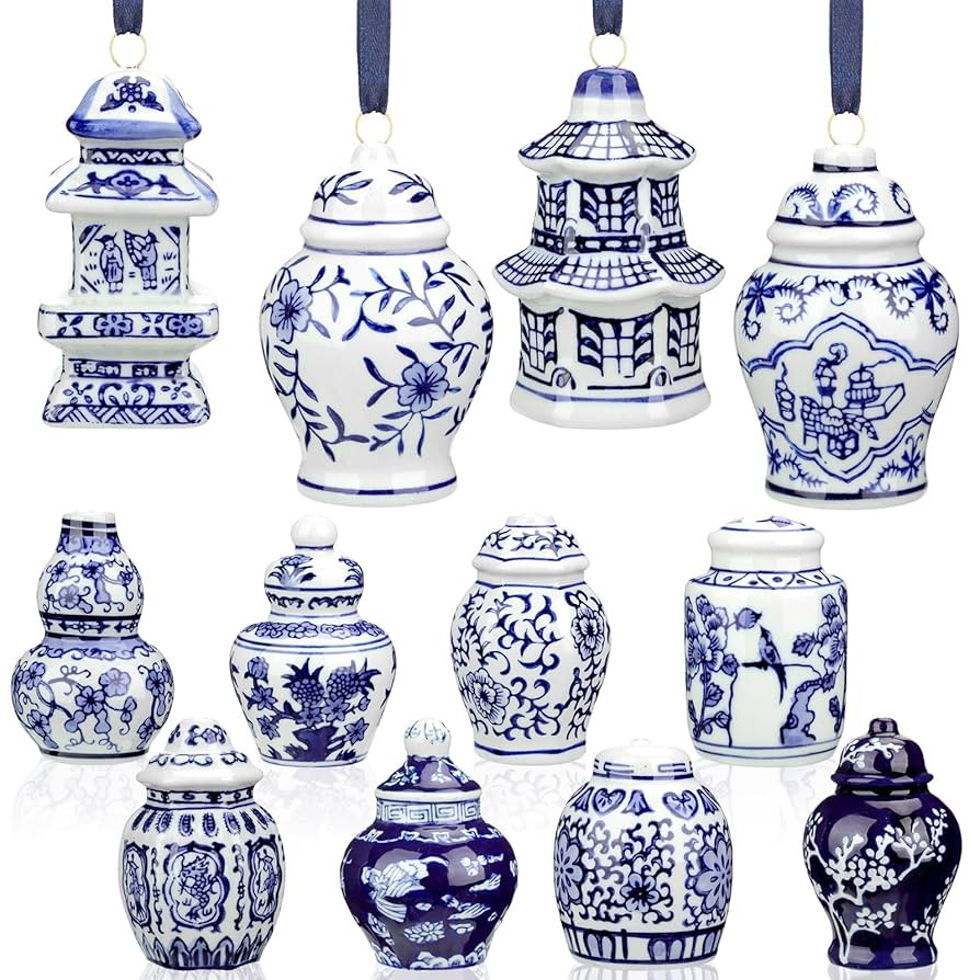 Peryiter 12 Pieces Christmas Chinoiserie Ornaments Mini Ginger Jar Porcelain Blue and White Ornam... | Amazon (US)