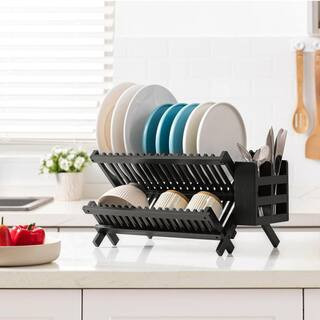 2-Tier Bamboo Dish Drying Rack with Utensils Holder, Set for Kitchen, Collapsible Drainer, Folding Dish Rack, Black | The Home Depot