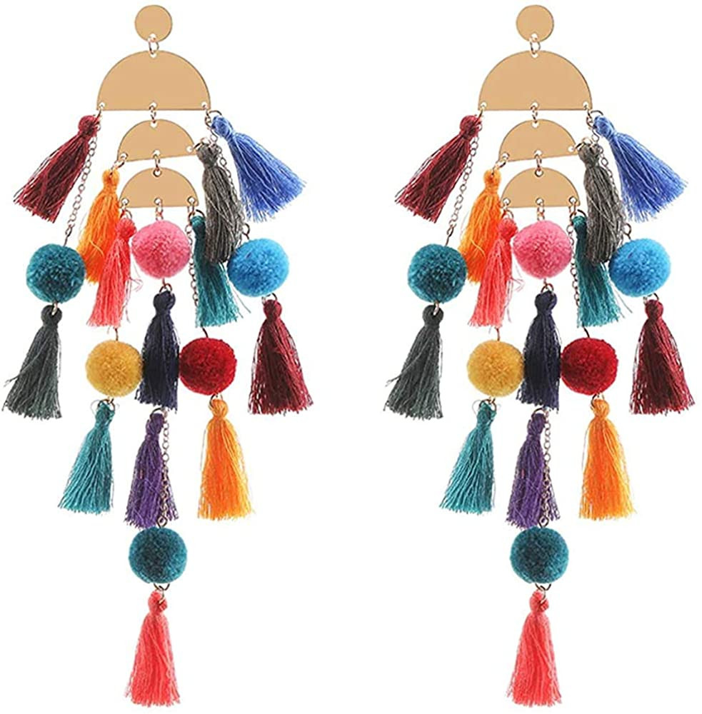 Long Tassel Earrings Statement Bohemian Pom Ball Handmade Drop Dangle Earrings for Women Girls | Amazon (US)
