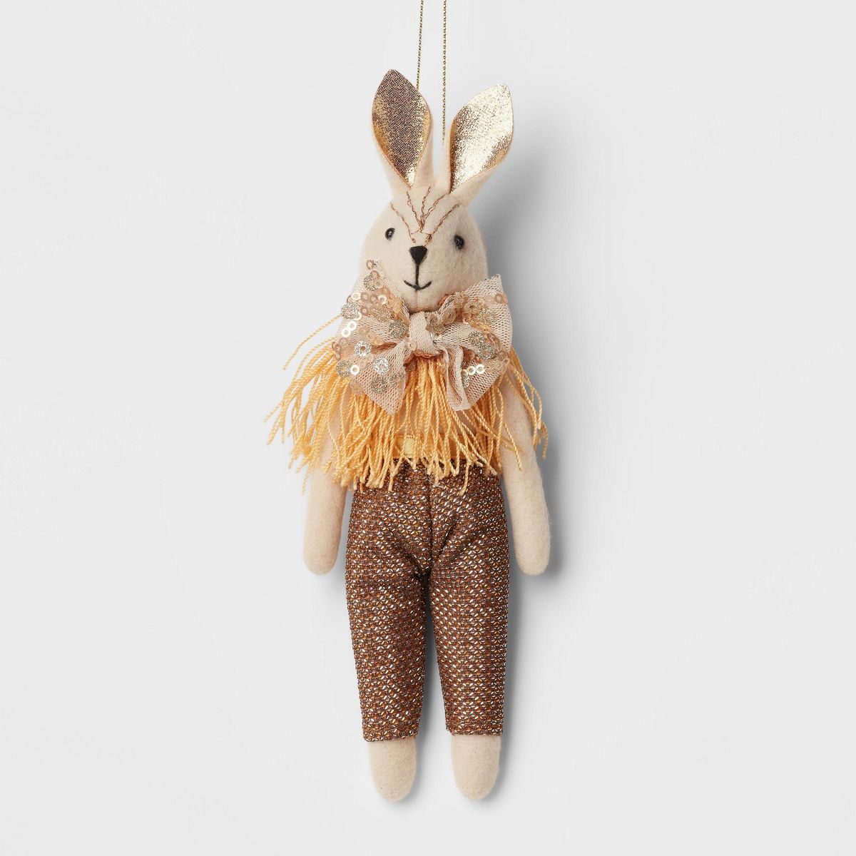 Fabric Rabbit Wearing Sequined Bowtie Christmas Tree Ornament Gold/Brown - Wondershop™ | Target